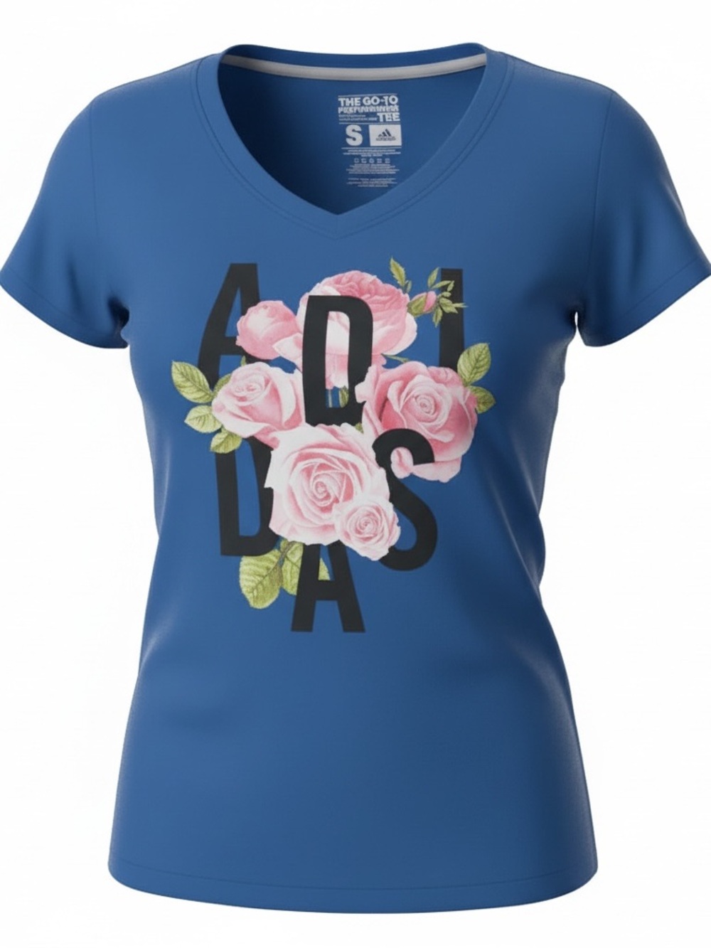 adidas Blue V-Neck Tee with Pink Floral Logo